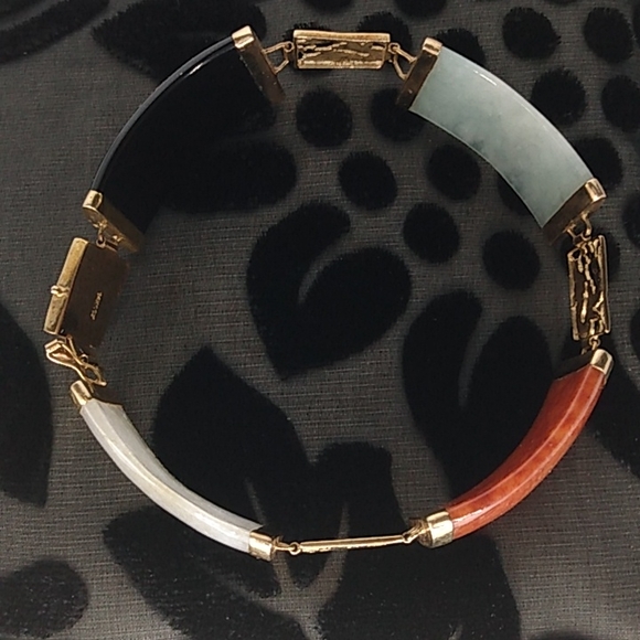 14 KT GOLD Bracelet Solid and JADE Multi-Color Flex Links  Estate Size Medium - Picture 4 of 11